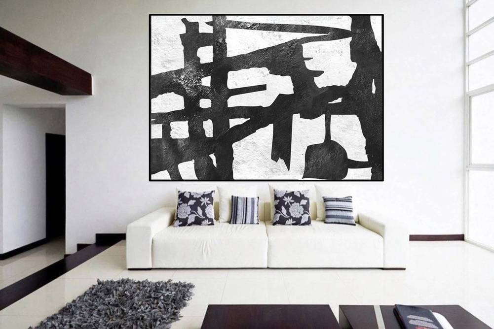 Painting Original White Minimalist Black Abstract Canvas Artwork 80BXJ